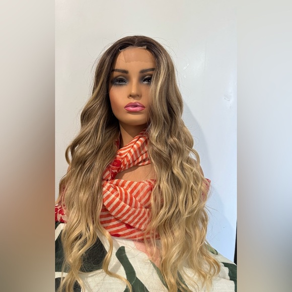 WIG Long Ombre Medium Blonde Wig with Dark Roots - Front Closure Mesh - Picture 2 of 9